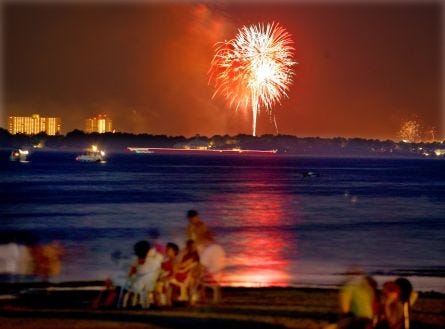Fireworks above the Grand Lagoon area east of Panama City Beach are seen from Beach Drive in Panama City as people line the shore there to see fireworks at the Panama City Marina.