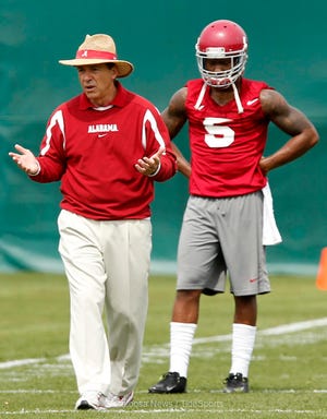 Alabama head coach Nick Saban during the first day of Alabama spring football practice at the practice facility Saturday, Mar. 15, 2014. Michelle Lepianka Carter | The Tuscaloosa News