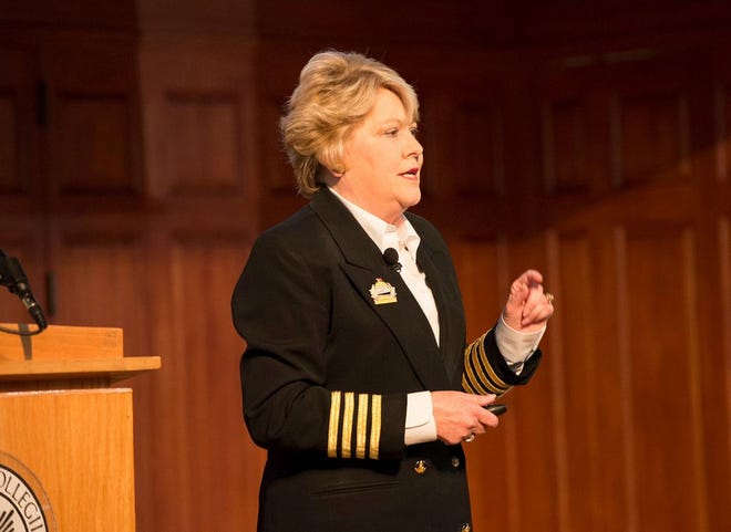 Mary Kellogg, co-owner and executive vice president of marketing, sales and operations of Cedar Bay Entertainment, makes a point during her Whiteman Lecture at Monmouth College on April 3. COURTESY PHOTO