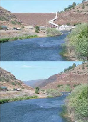 This comparative series shows a conceptual rendering of the Klamath River without Iron Gate Dam