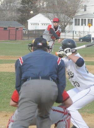 Durfee's Brandon Teixeira fires a pitch toward the plate as Coyle-Cassidy's Brian Rosa gets set to hit during Wednesday's non-league game at Hopewell Park.
