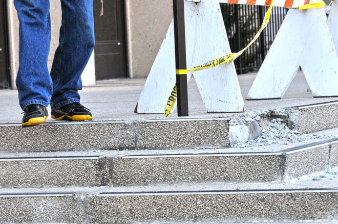 The front steps of the Cumberland County Courthouse are crumbling, just a few years after the whole plaza was refinished. April2,2014
