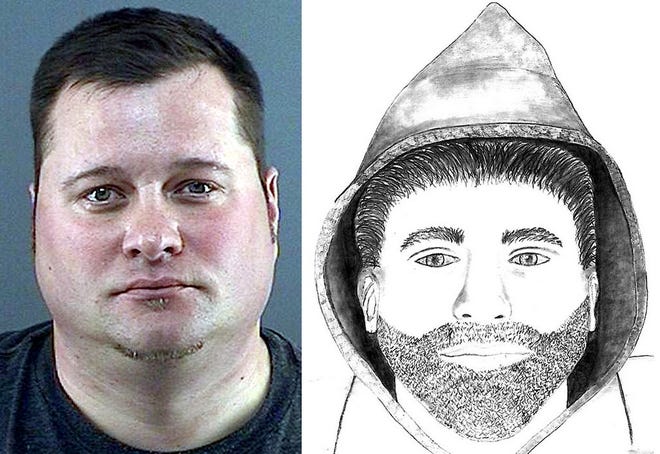 Steven E. Debis Jr., left, and a police sketch of Debis released the day before he turned himself in to the Peoria County Jail in connection to a March 17 road rage incident.