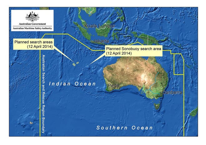 In this map provided on Saturday, April 12, 2014, by the Joint Agency Coordination Centre, details are presented in the search for the missing Malaysia Airlines Flight 370 in the southern Indian Ocean. With no new underwater signals detected, the search for the missing Malaysian passenger jet resumed Saturday in a race against time to find its dying black boxes five weeks after families first learned their loved ones never arrived at their destination. (AP Photo/Joint Agency Coordination Centre) EDITORIAL USE ONLY