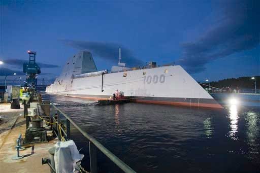 In this image provided by the U.S. Navy the Zumwalt-class guided-missile destroyer DDG 1000 is floated out of dry dock at the General Dynamics Bath Iron Works shipyard Oct. 28, 2013. The ship, the first of three Zumwalt-class destroyers, Zumwalt's two daughters will christen the new ship that bears his name on Saturday April 12, 2014 at Bath Iron Works.
