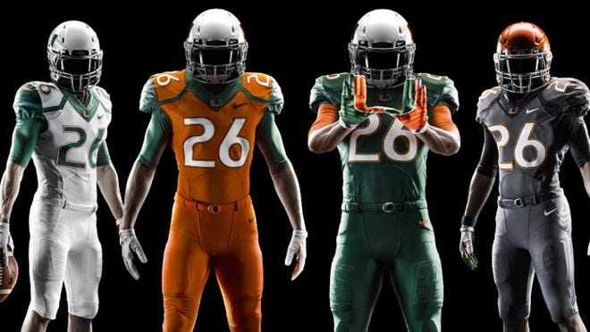A look at the Miami Hurricanes' new football uniforms and helmets, announced Saturday, April 12, 2014. (Photo by HurricaneSports.com)