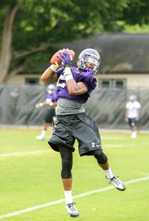 East Carolina wide receiver Justin Hardy caught two passes for 21 yards in Saturday’s Purple-Gold Spring Game at Dowdy-Ficklen Stadium. Hardy, a rising senior, is one of four Craven County natives of ECU’s spring roster.