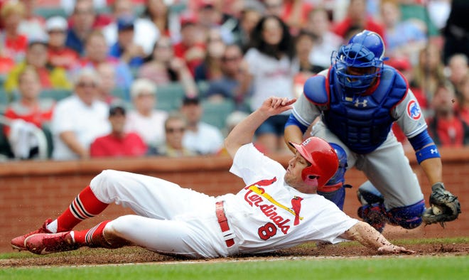 St. Louis Cardinals' Peter Bourjos (8) scores on a sacrifice fly by Matt Carpenter as Chicago Cubs' Welington Castillo, right, can't make the tag in the fourth inning in a baseball game, Sunday, April 13, 2014, in St. Louis. (AP Photo/Bill Boyce)