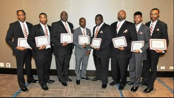 Contributed Photo/Roswell A. Taylor Jr.
The Petersburg (Va) Alumni Chapter of Kappa Alpha Psi Fraternity Inc. welcomes new members from left Vincent Selby, Milton Pouncy, Paul Murray, Ferrard Morman, Walti Freeman, Anthony Farrar, Fenton Bland III and Alonzo Anderson.