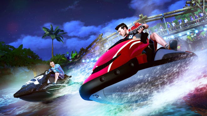 A scene from the video game "Kinect Sports Rivals." The game is composed of six activities: jet ski racing, bowling, rock climbing, tennis, target shooting and soccer.