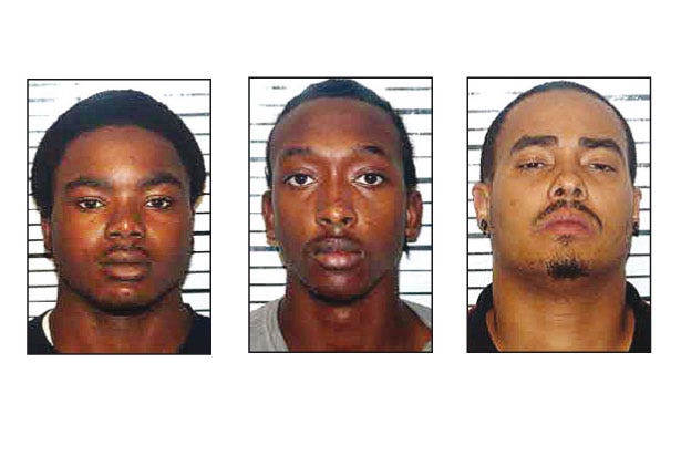 From left, Demetre L. Frazier and Shaquan M. Frazier, of Havelock, and Terry K. George, of Newport, face charges in connection with an alleged shooting incident Friday night in Morehead City.