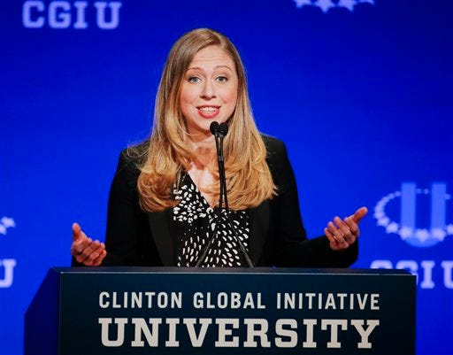 In this March 2, 2014 file photo, Chelsea Clinton, vice chair of the Clinton Foundation, speaks during a student conference for the Clinton Global Initiative University at Arizona State University in Tempe, Ariz. Clinton says she's happy right now with her elected representatives and has no desire to go after their jobs. Although she has denied any interest in elected office in the past, she left open the possibility of a run should she become dissatisfied with the office holders who represent her. (AP Photo/Matt York, File)