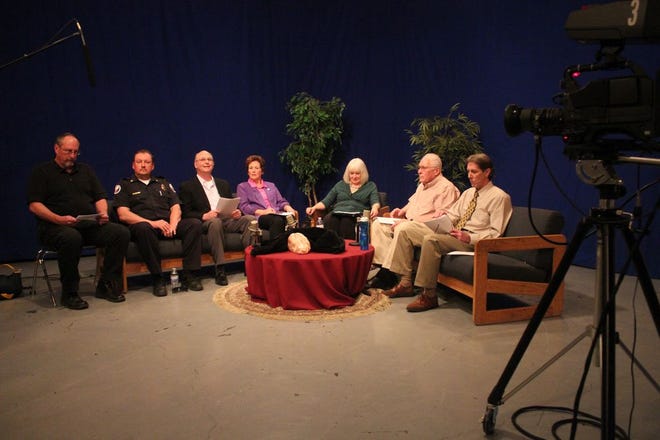 Proponents of the Measure D parcel tax to help fund Lake Shastina's Public Safety Department and those opposed participated in a forum recorded in the Siskiyou Media Council studios at College of the Siskiyous last week. Shown left to right on the set are Lake Shastina Community Services District General Manager John McCarthy, Chief of Public Safety Mike Wilson, and LSCSD board members Tom Wetter and Corrine Moller; moderator Penny Bloodhart; and EJ Hanlon and Jack Phillips.