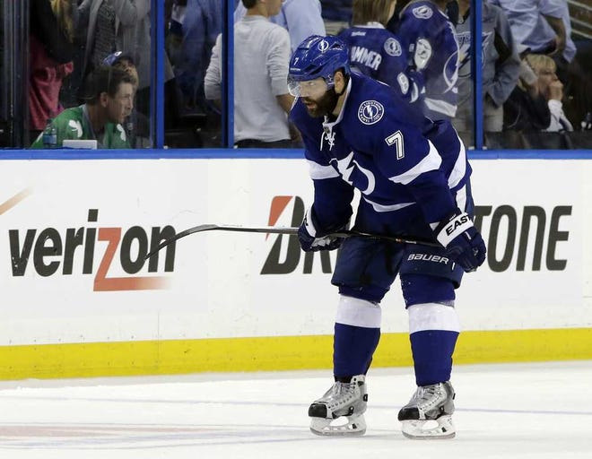Tampa Bay Lightning defenseman Radko Gudas (7), of the Czech Republic, skates off after the Montreal Canadiens scored during overtime of Game 1 of a first-round NHL hockey playoff series on Wednesday, April 16, 2014, in Tampa, Fla. The Canadiens won the game 5-4. (AP Photo/Chris O'Meara)