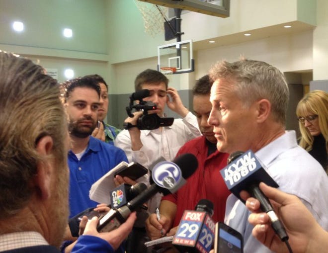 Sixers head coach Brett Brown meets with the media at 'breakup day' Thursday. Tom Moore photo