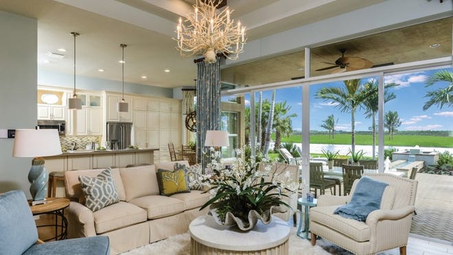 From the Vintage Collection at Valencia Cove, the Alexandra Grande features a total of 2,517 square feet of air-conditioned living space, a great room, two master suites, three baths, a den/optional third bedroom and a two-car garage.