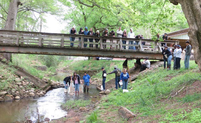 Wayne Ford/ Staff A group of students from Oconee County High School prepare to take samples from a creek in Watkinsville for a science project.