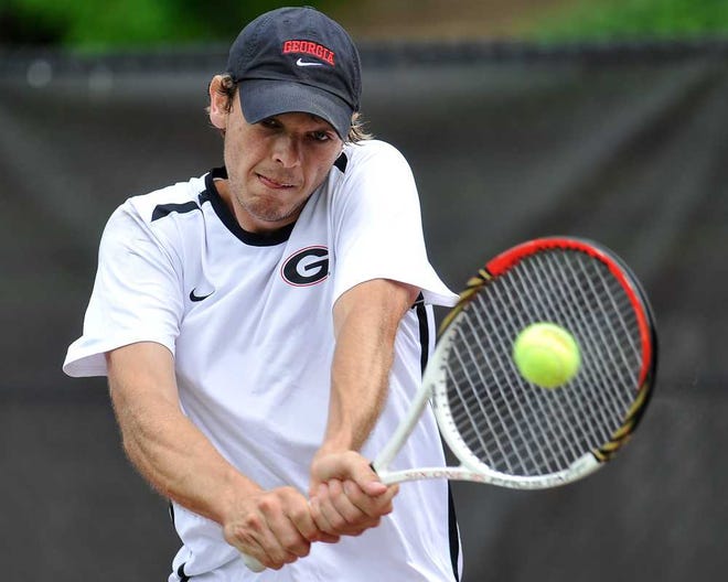 Georgia's Hernus Pieters hits a return during the first round of the NCAA men's tennis championship against Binghamton in Athens, Ga., Friday, May 10, 2013. (AJ Reynolds/Staff)
