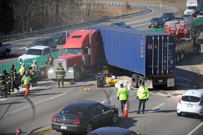 A tractor-trailer truck jackknifed on Route 24 northbound at Route 27 in Brockton on March 24. Truckers call the highway a “horror show.”