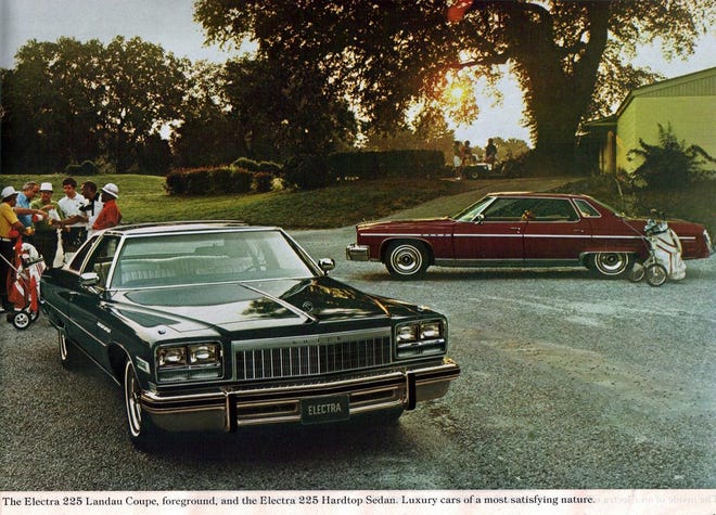 The 1970-1977 Buick Electra 225 models were huge compared to what Buick would look like in 1980s, when downsizing was in full force. These Buicks are some of the biggest modern examples of automotive design, and are creeping up in value and demand as the years go by. (Ad compliments of GM).