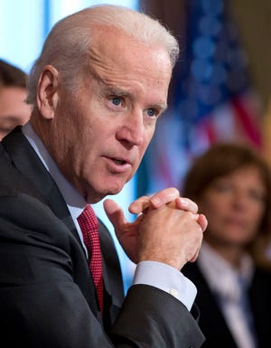 This Feb. 18, 2014, file photo shows Vice President Joe Biden speaking to media during a meeting with representatives of student groups in the Eisenhower Executive Office Building on the White House complex in Washington.