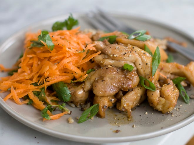 Sweet and tangy caramelized chicken thighs are deliciously sweet, but equally tangy and savory.