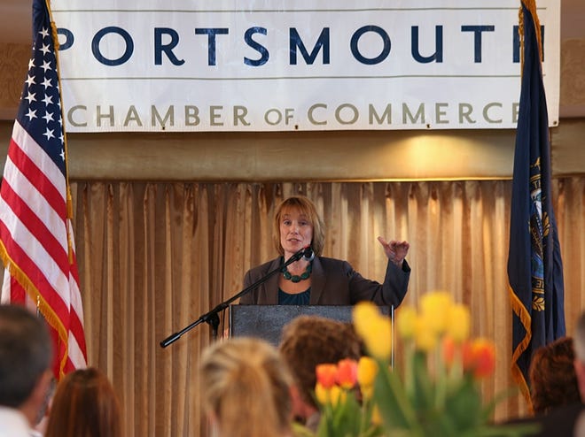 Gov. Maggie Hassan addresses the Portsmouth Chamber of Commerce Tuesday morning.