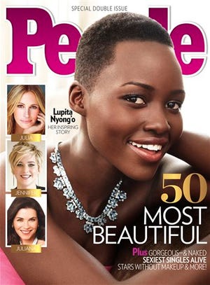 This image provided by People magazine shows the cover of its special "World's Most Beautiful" issue, featuring Lupita Nyong'o. The 31-year-old actress, who won a best supporting actress Oscar for her role in "12 Years a Slave," tops the magazine's list, announced Wednesday, April 23, 2014. (AP Photo/People)