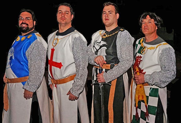 The ‘Spamalot’ knights include Jay Tyson as Sir Bedevere, George Savitz as Sir Galahad, Noah Auten as Sir Lancelot and Jim Chittick as Sir Robin.