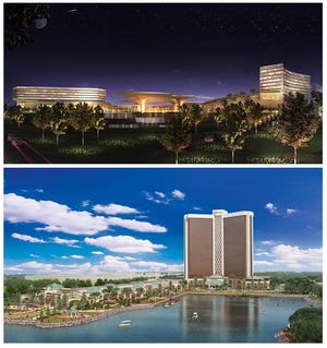 Renderings of proposed casinos by Mohegan Sun in Revere, top, and Wynn Resorts in Everett. The two companies are vying for the sole casino license in Greater Boston, and Boston is seeking status as a host community.