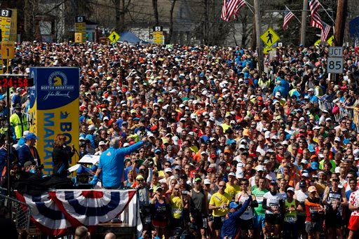 Runners wait to start the 118th Boston Marathon Monday, April 21, in Hopkinton. (AP Photo/Michael Dwyer)