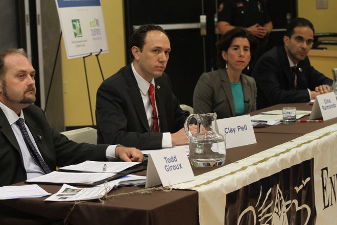 Democratic candidates for governor speak at a forum on the environment at Brown University. From left: Todd Giroux, Clay Pell, General Treasurer Gina Raimondo and Providence Mayor Angel Taveras.