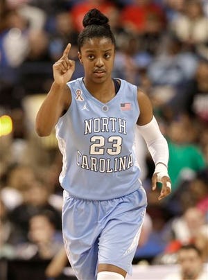 FILE - In this March 8, 2014 file photo, North Carolina's Diamond DeShields (23) reacts after making a basket against Duke during the first half of an NCAA college basketball semifinal game at the Atlantic Coast Conference tournament in Greensboro, N.C. North Carolina coach Sylvia Hatchell says star freshman Diamond DeShields plans to transfer. In a statement Thursday, April 17, 2014, Hatchell says she doesn't know "or understand" why DeShields is leaving. (AP Photo/Chuck Burton, File)