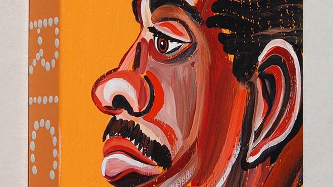 Kurt Hermann’s portrait of Jazz muscian, Eric Dolphy, in his solo exhibit, “Blockheads” at Yard Dog Art Gallery.
