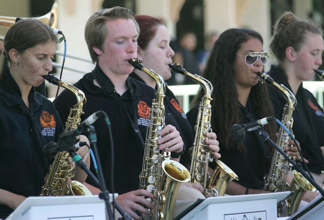 The saxophone section of the Spruce Creek 11 O’clock Jazz Band performs Friday at the Lakeside Jazz festival in Port Orange.