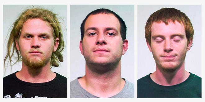This combo made of undated file photos provided by the Chicago Police Department shows from left, Brent Vincent Betterly, of Oakland Park, Fla., Jared Chase, of Keene, N.H., and Brian Church, of Ft. Lauderdale, Fla. A jury in Chicago acquitted the three NATO summit protesters on Feb. 7, 2014 on Illinois terrorism charges, but did convict them on lesser arson counts. Sentencing for the three is expected to begin Friday, April 25, 2014. (AP Photo/Chicago Police Department, File)