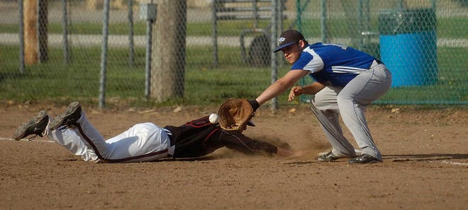 Rossville's Christian Roduner dives back to first base ahead of a pickoff attempt to Perry-Lecompton's Bowen Cunningham. Rossville and Perry each entered Friday's doubleheader undefeated and each exited with a loss after a split.