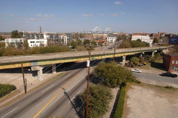 A view of the I-16 flyover from the roof of the Ralph Mark Gilbert Civil Rights Museum. The I-16 removal study has entered its second phase, and the project has launched a new website to keep the public informed. (John Carrington/Savannah Morning News)