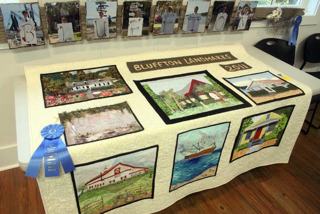 Scott Thompson/Bluffton Today This quilt of Bluffton landmarks, made by the Sew What Club of Sun City, won in its category.
