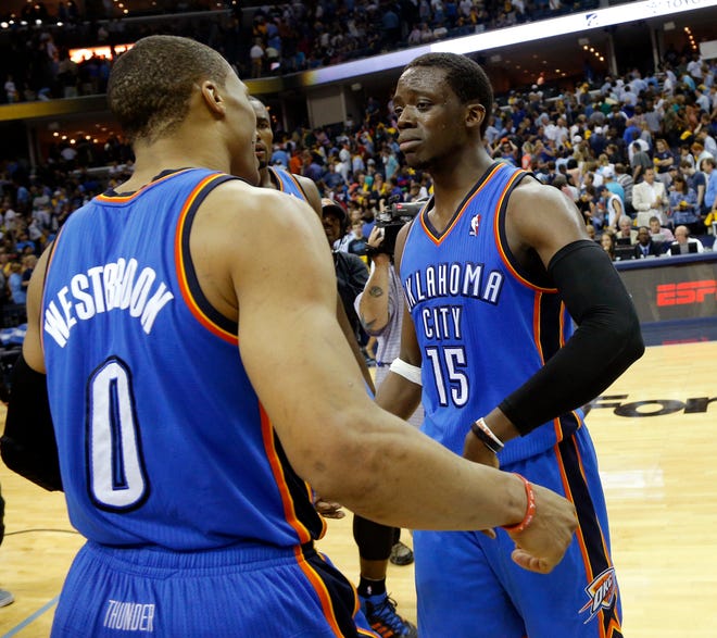 Oklahoma City's Reggie Jackson (15) becomes emotional as Oklahoma City's Russell Westbrook (0) approaches him after Game 4 in the first round of the NBA playoffs between the Oklahoma City Thunder and the Memphis Grizzlies at FedExForum in Memphis, Tenn., Saturday, April 26, 2014. PHOTO BY BRYAN TERRY, The Oklahoman