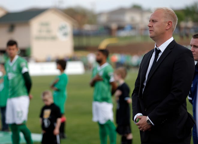 Jimmy Nielsen stands during National Anthem before the OKC Energy FC soccer game against Orlando City SC at Pribil Stadium in Oklahoma City, Saturday, April 26, 2014. Photo by Sarah Phipps, The Oklahoman