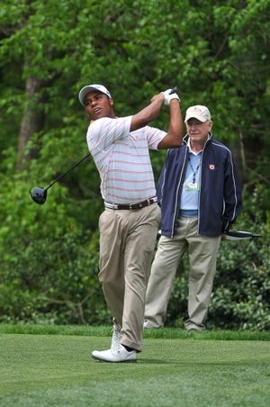 (Photo by Tom Ausburne) Harold Varner III hits a shot during his practice round with his longtime golf coach, former Gaston County Club golf pro Bruce Sudderth
