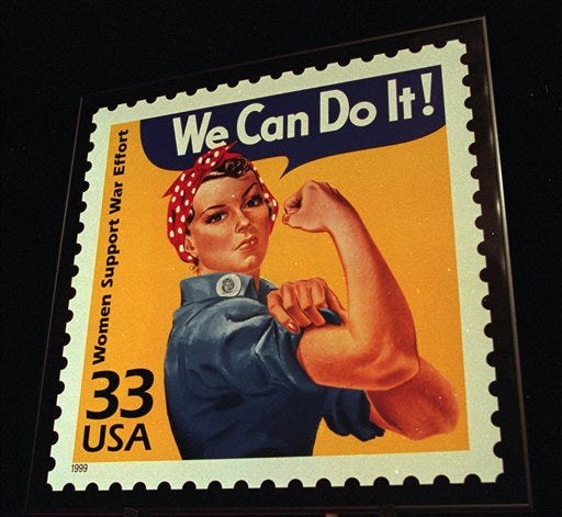 FILE - A June 25, 1999, file photo shows an enlargement of the U.S. Postal Service's stamp depicting Rosie the Riveter, in South Portland, Maine. A group wants to preserve a portion of the old Willow Run bomber plant and house a museum there dedicated to aviation and the countless Rosies across the country. Save the Bomber Plant officials have until Thursday, May 1, to raise the remainder of the $8 million needed to save the plant from demolition.