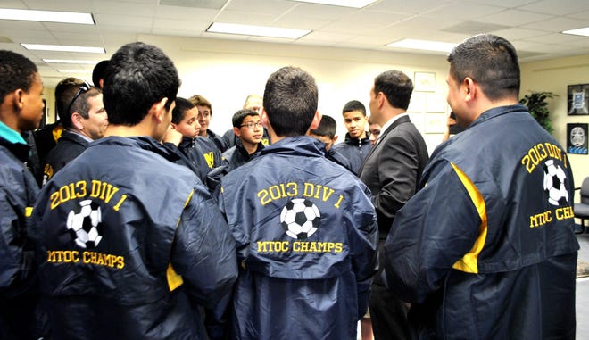 Mayor Gary Christenson recently congratulated the Malden Youth Soccer Boys U-14 Team for winning the Massachusetts Tournament of Champions. The Mayor commended the Team’s athletic accomplishments on the soccer field and acknowledged their motivation and hard work with a citation on behalf of the City. COURTESY PHOTO PAUL HAMMERSLEY