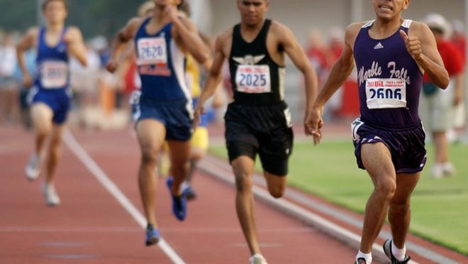 Leonel Manzano competes in the Class 4A 800 meters at the 2003 state track and field meet. Manzano won six gold medals in his high school career, and he remains the last Mustang to win a state championship in track and field.