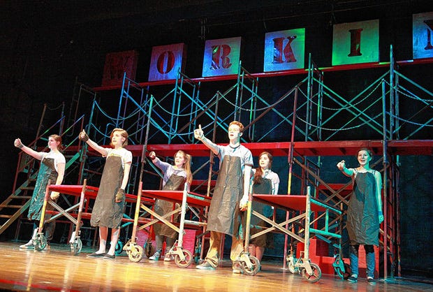 The cast of St. Charles Preparatory School's spring musical, "Working," rehearses Wednesday, April 23. They are (first row, from left): Natalie Belford and Maggie Turek of Grove City High School, Nick Anderson of St. Charles; (second row) Mary Steele of Bishop Hartley High School, Lara Falb of Hilliard Davidson High School and Maria Granger of Whetstone High School.