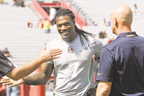 ADVANCE FOR WEEKEND EDITIONS, APRIL 26-27 - FILE - In this April 2, 2014 file photo, South Carolina defensive end Jadeveon Clowney competes in a drill for NFL representatives at South Carolina football pro day in Columbia, S.C. Despite the commitment issues that have trailed him the past year, there's no question about this: Clowney loves sacking passers and can't wait to get started. (AP Photo/Mary Ann Chastain, File) ORG XMIT: NY181
ADVANCE FOR WEEKEND EDITIONS, APRIL 26-27 - FILE - In this April 2, 2014 file photo, South Carolina defensive end Jadeveon Clowney competes in a drill for NFL representatives at South Carolina football pro day in Columbia, S.C. Despite the commitment issues that have trailed him the past year, there's no question about this: Clowney loves sacking passers and can't wait to get started. (AP Photo/Mary Ann Chastain, File) ORG XMIT: NY181