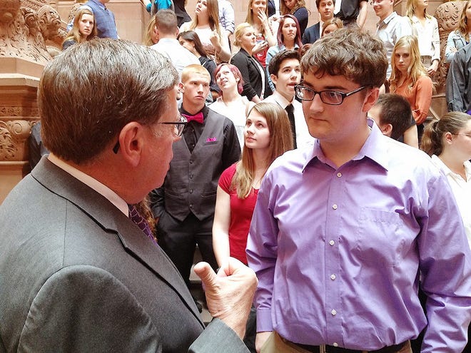 State Sen. James Seward, left, speaks with Herkimer High School senior and class president Dan Adamek after meeting with students from the Herkimer County 4-H government intern program on the “Million Dollar” Staircase. SUBMITTED PHOTO