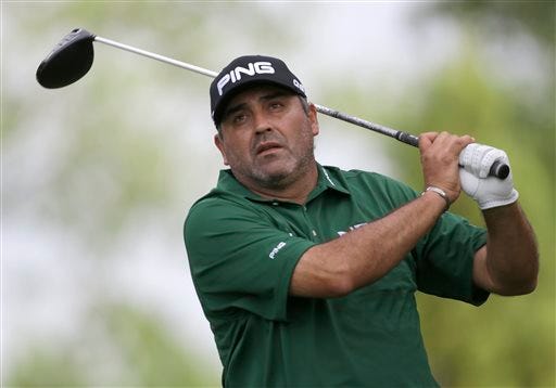 Angel Cabrera, of Argentina, watches his tee shot on the seventh hole during the first round of the Wells Fargo Championship golf tournament in Charlotte on Thursday.