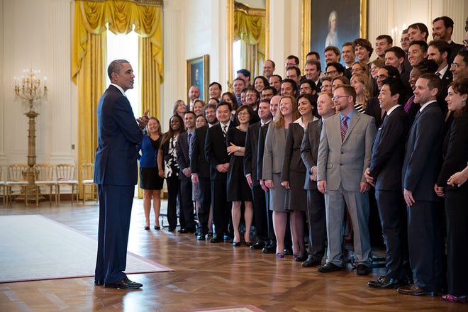 President Barack Obama talks with the Presidential Early Career Award for Scientists and Engineers (PECASE) recipients in the East Room of the White House, April 14, 2014. (Official White House Photo by Pete Souza) (Official White House Photo)